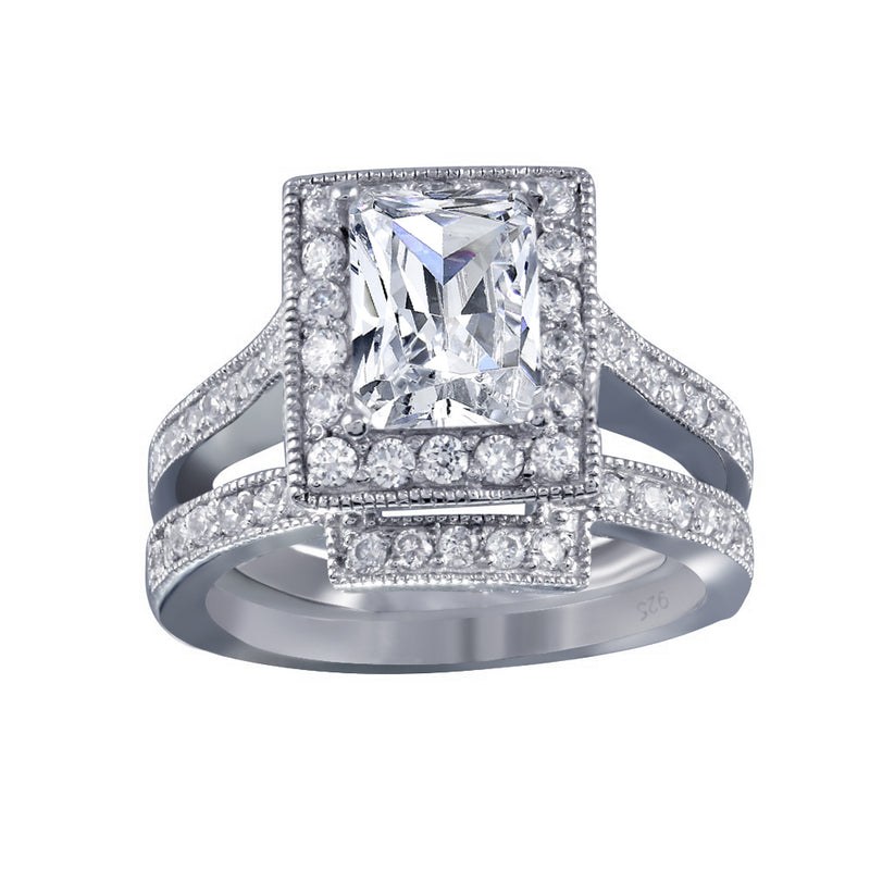 Juego de anillos de novia cuadrados con circonita transparente chapada en rodio de plata 925 - BGR00198