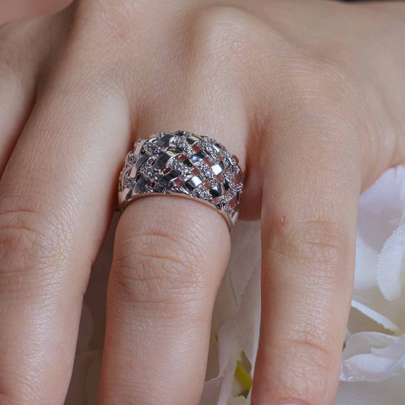 Clearance-Silver 925 Rhodium Plated Clear CZ Net Ring - BGR00218