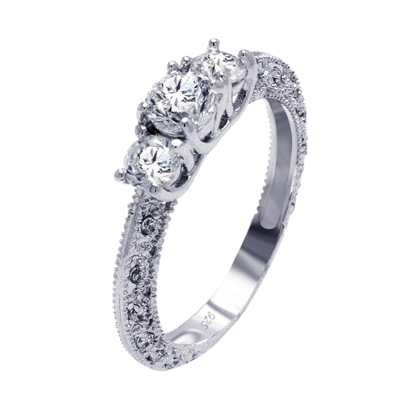 Silver 925 Rhodium Plated Clear CZ Ornate Past Present Future Bridal Ring - BGR00372
