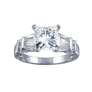 Rhodium Plated 925 Sterling Silver Clear Princess Cut Center Round Baguette CZ Bridal Ring - BGR00385
