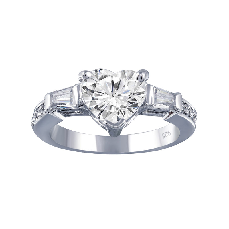 Silver 925 Rhodium Plated Clear CZ Heart Bridal Ring - BGR00388