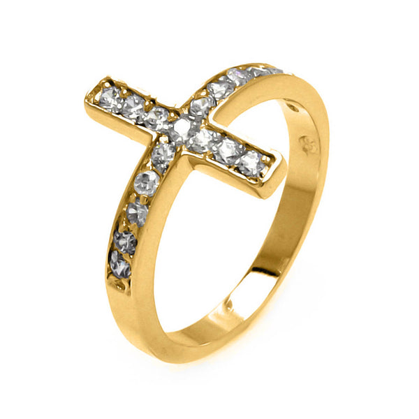 Gold Plated 925 Sterling Silver Clear Pave Set CZ Cross Ring - BGR00536GP