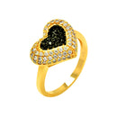 Clearance-Silver 925 Gold and Black Rhodium Plated Clear and Black Pave Set Heart Ring - BGR00605