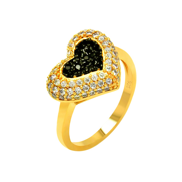 Closeout-Anillo de corazón con pavé transparente y negro chapado en oro y rodio negro 925 - BGR00605