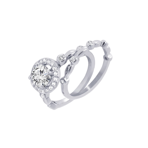 Juego de anillos de novia con circonita cúbica central y racimo redondo transparente chapado en rodio de plata 925 - BGR00616