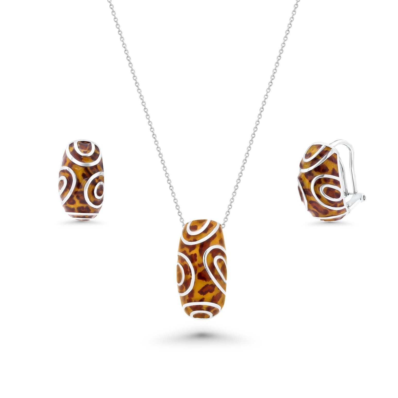 Clearance-Silver 925 Rhodium Plated Tiger Stripe Print Clear CZ French Clip Earring and Necklace Set - BGS00065