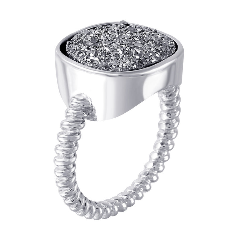 Closeout-Silver 925 Rhodium Plated Square Druzy Gemstone Ring - BGR00765
