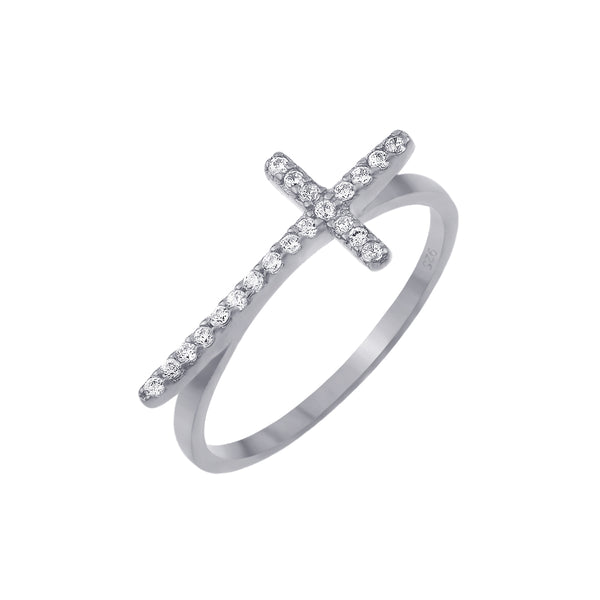 Silver 925 Rhodium Plated Clear CZ Cross Ring - BGR00810RHD