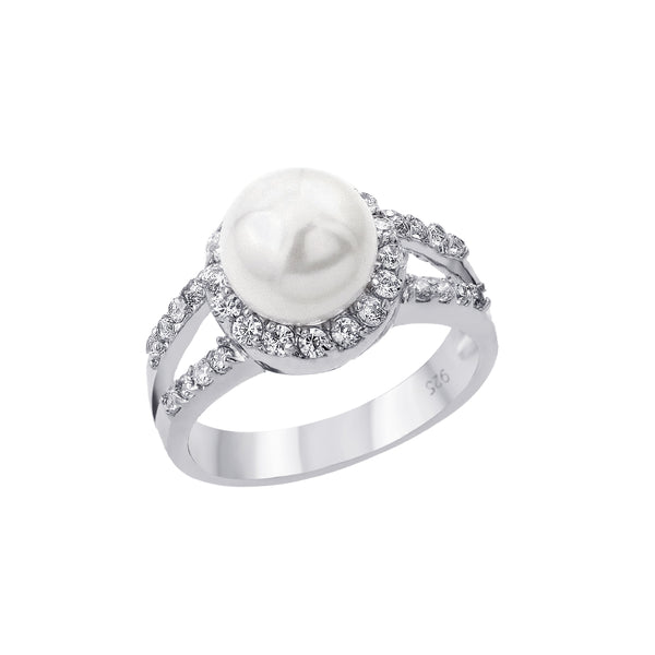 Silver 925 Rhodium Plated Clear Cluster CZ Synthetic Pearl Ring - BGR00878