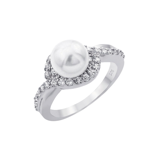 Silver 925 Rhodium Plated Clear Cluster CZ Synthetic Pearl Ring - BGR00910
