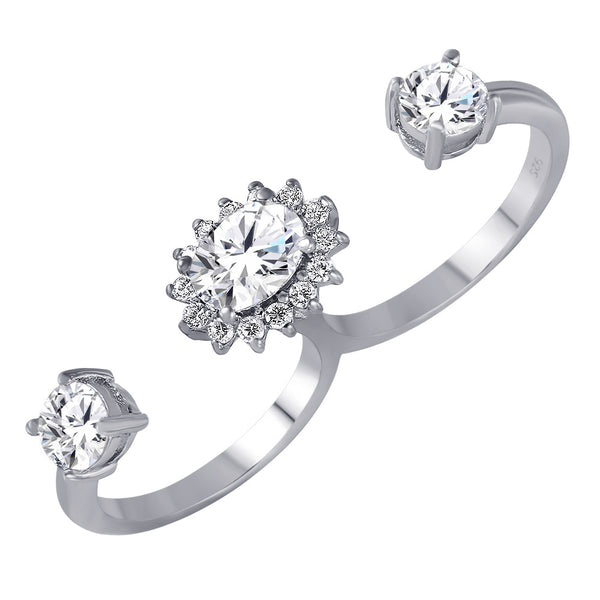 Silver 925 Clear CZ Cluster 2 Finger Open Ring - BGR00968