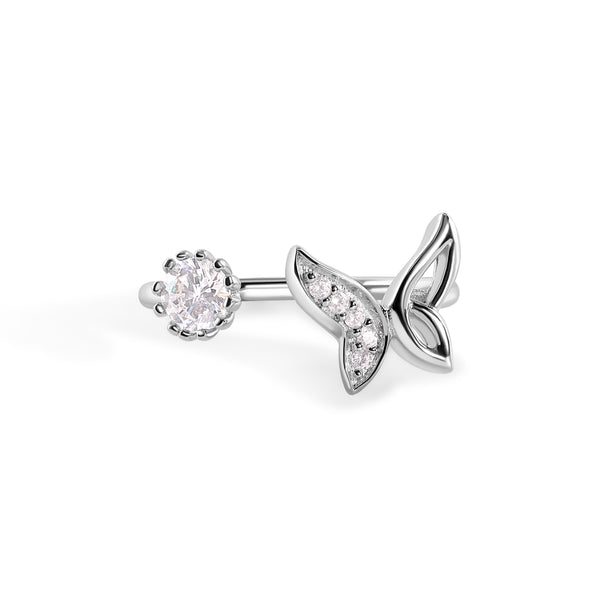 Rhodium Plated 925 Sterling Silver Butterfly and Flower Clear CZ 1.3mm Open Ended Ring - BGR01123