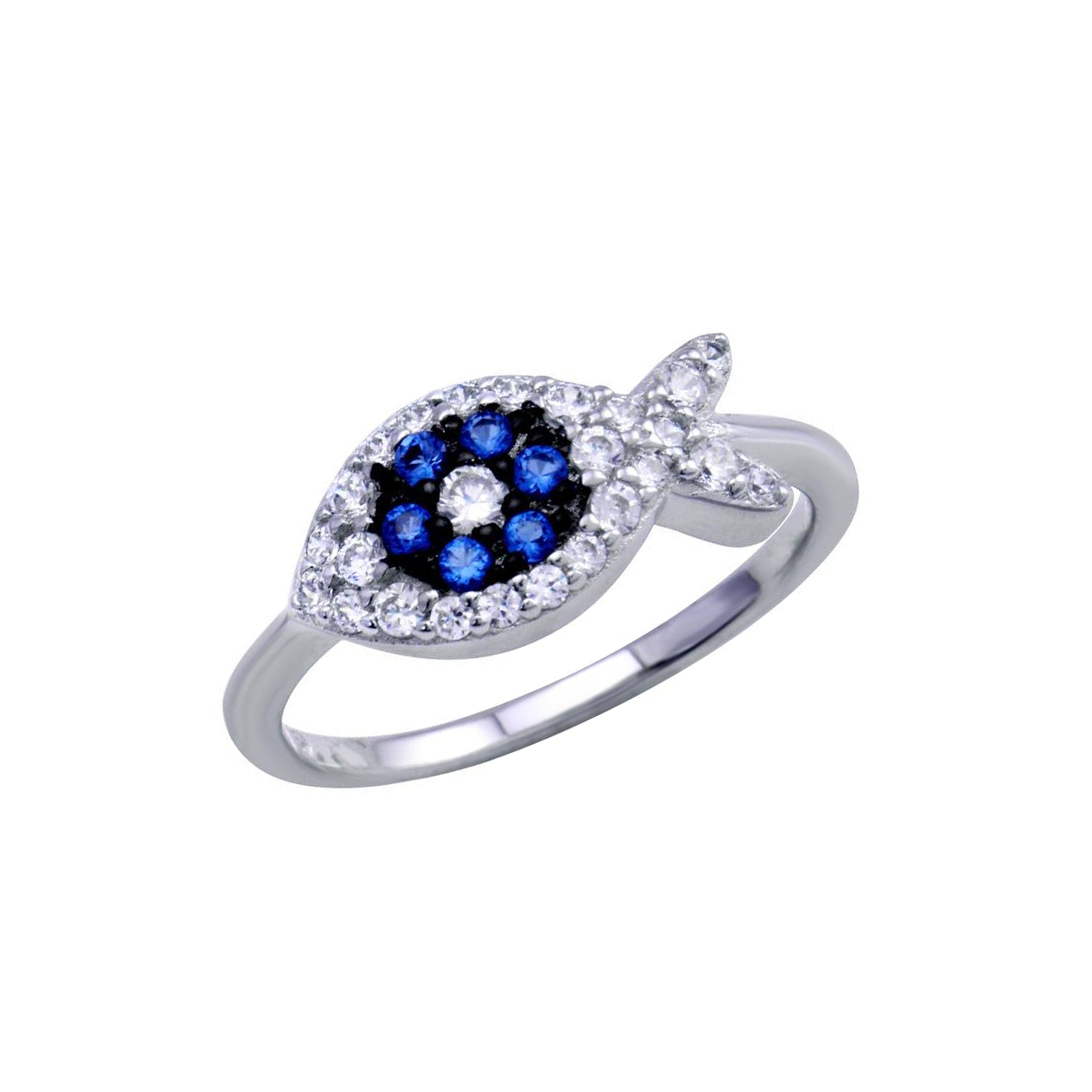 Rhodium Plated 925 Sterling Silver Blue CZ Fish Ring - BGR01288