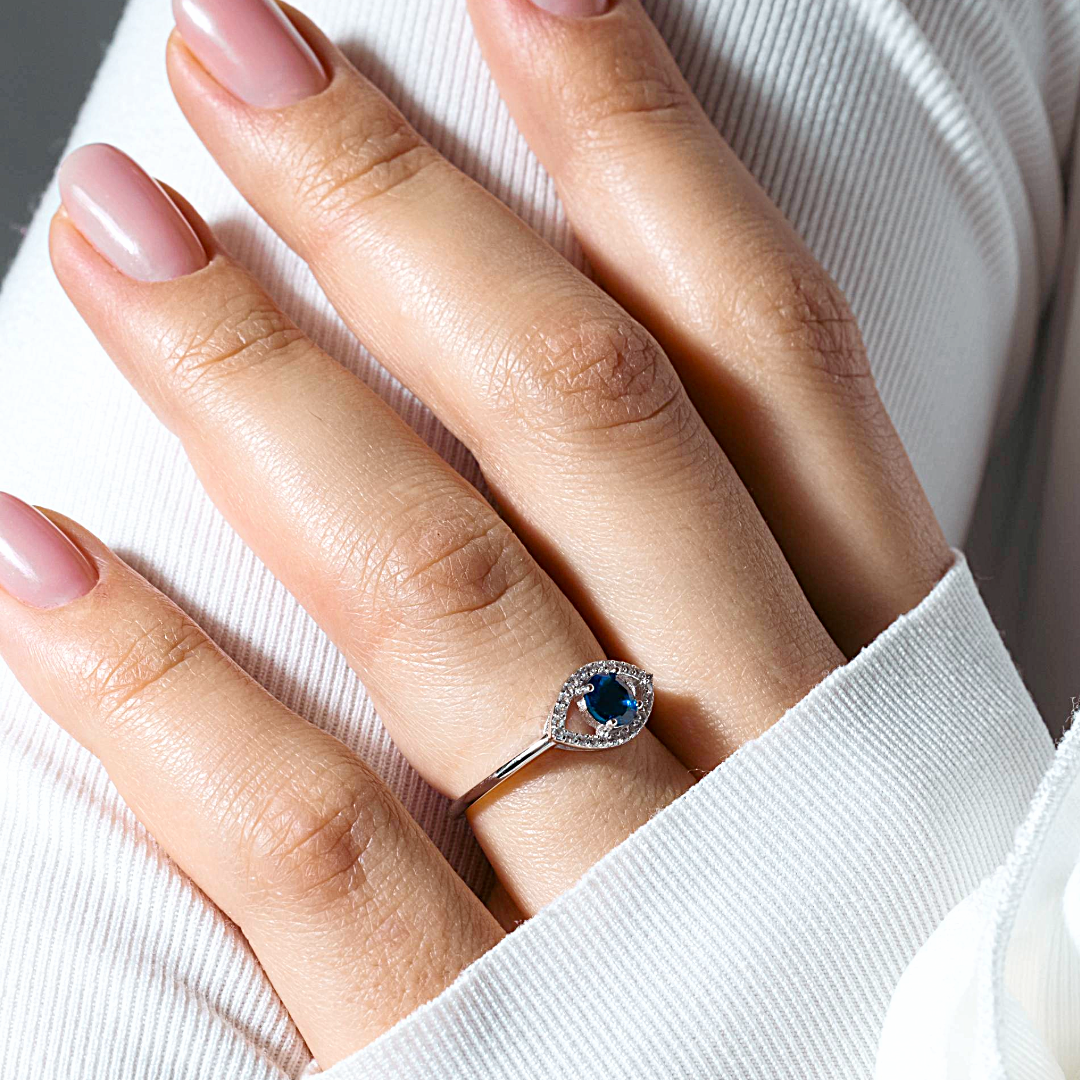 Rhodium Plated 925 Sterling Silver Open Evil Eye Ring with Blue Center Stones - BGR01360