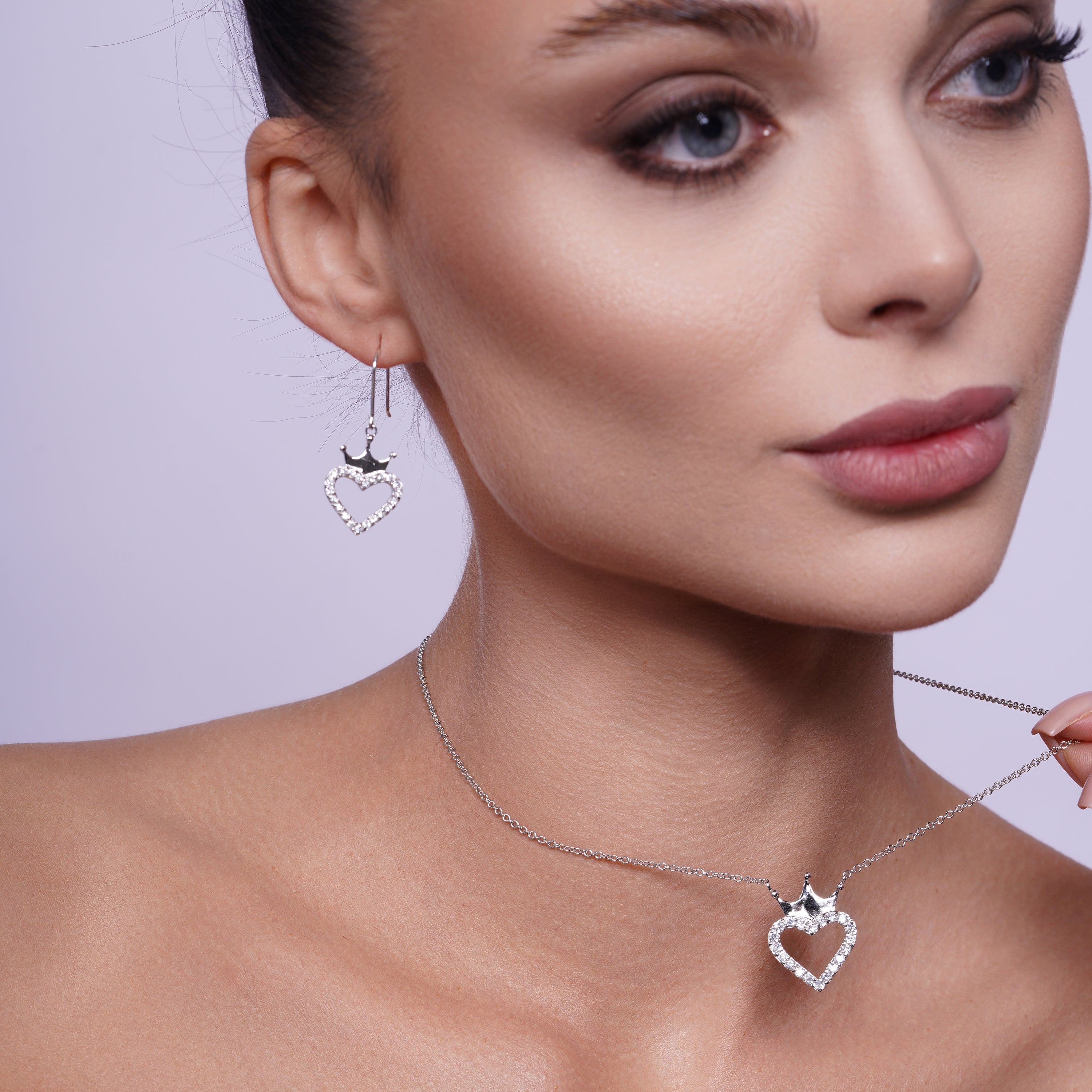 Clearance-Silver 925 Rhodium Plated Clear Open Heart and Crown CZ Hook Earring and Necklace Set - BGS00009