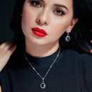 Clearance- Silver 925 Rhodium Plated Black and Clear Flower CZ Dangling Stud Earring and Dangling Necklace Set - BGS00015