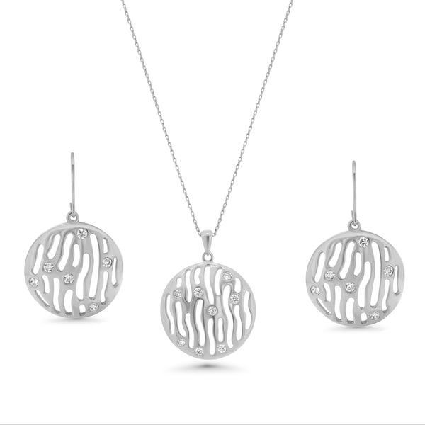 Silver 925 Rhodium Plated Round Open Zebra Stripe Clear CZ Hook Earring and Dangling Necklace Set - BGS00018