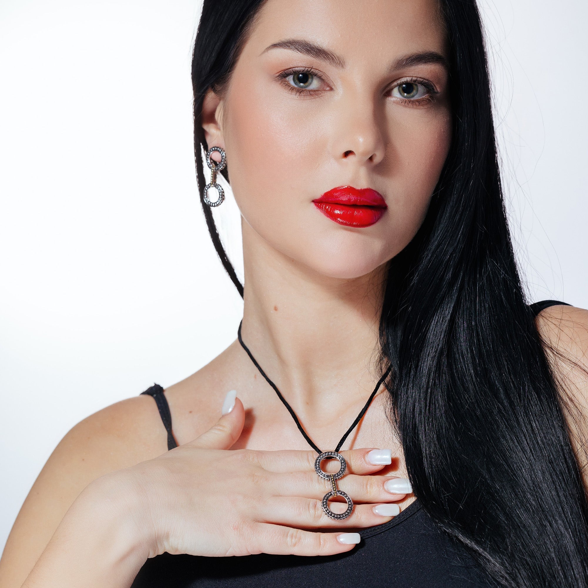 Clearance-Silver 925 Oxidized Rhodium Plated Open Circle Dangling Stud Earring and Dangling Necklace Set - BGS00020