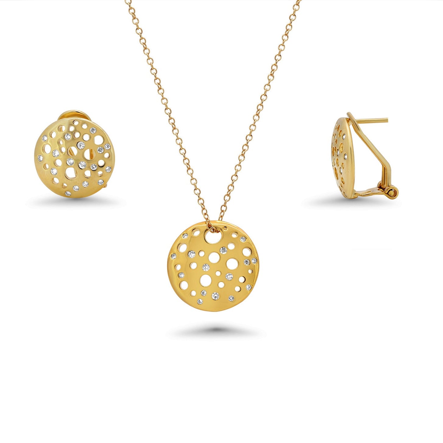 Clearance-Silver 925 Gold Plated Clear Round Disc CZ Stud Earring and Necklace Set - BGS00385