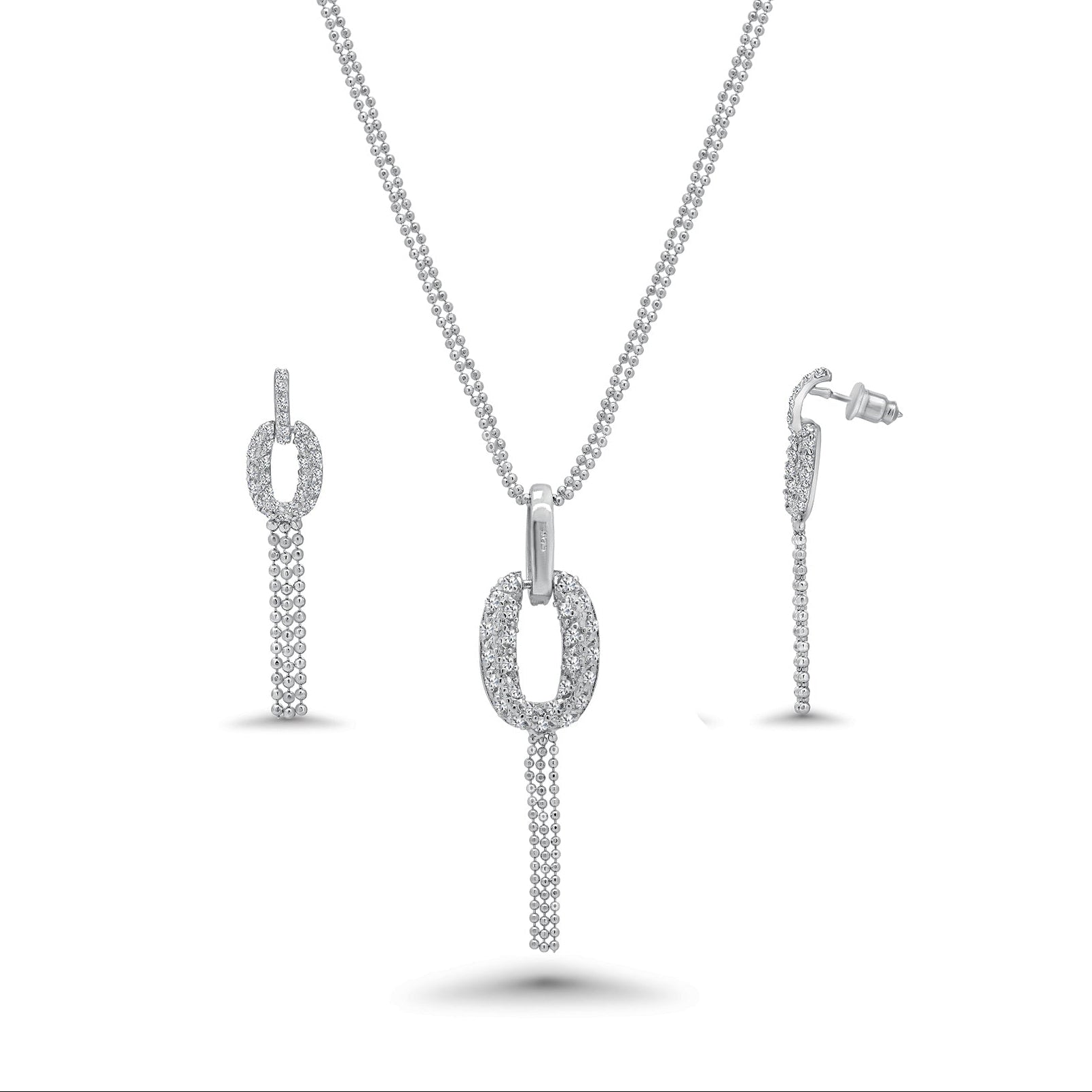 Juego de aretes colgantes y collar colgante con circonita cúbica de círculo abierto con micropavé transparente chapado en rodio de plata 925 - BGS00044