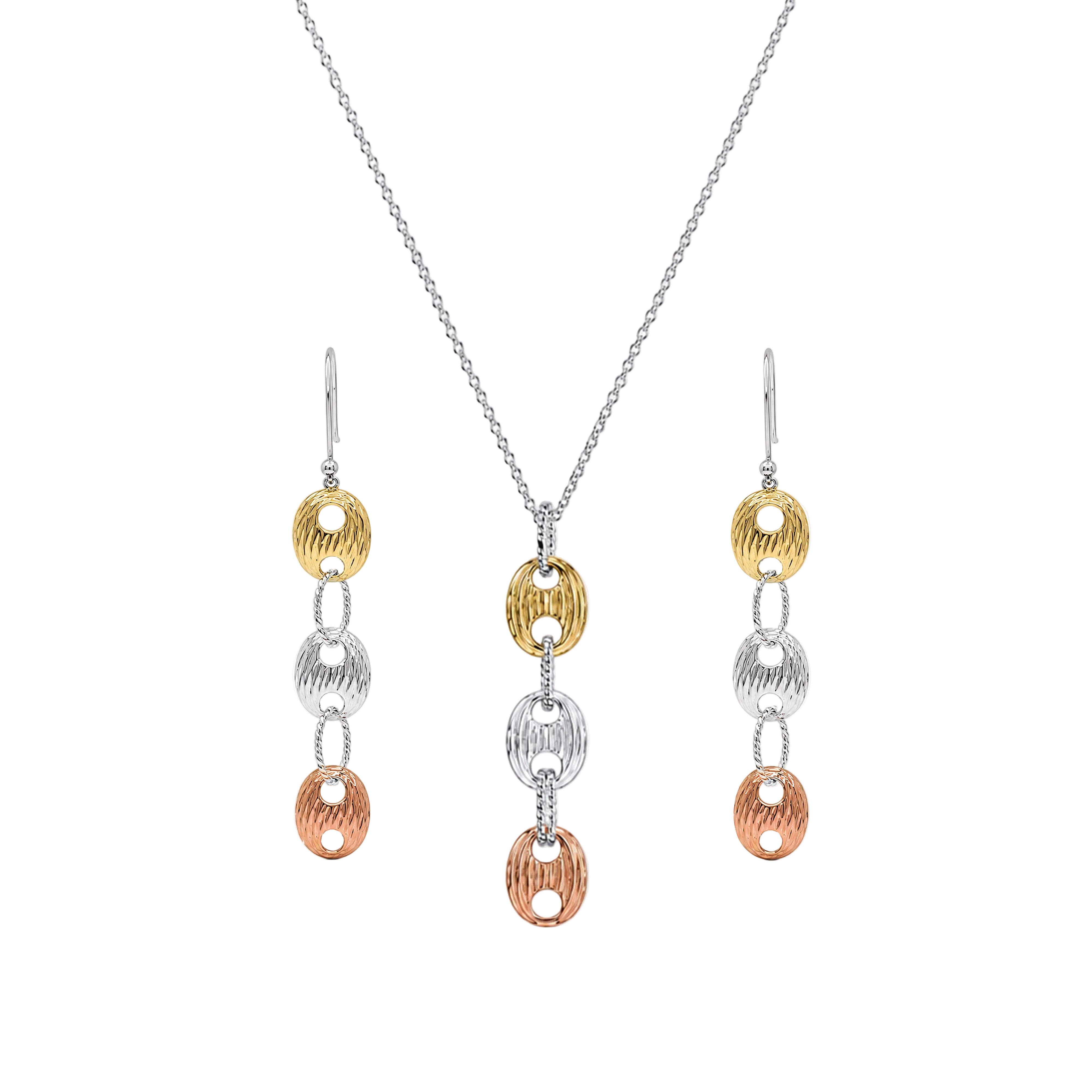 Liquidación - Conjunto de pendientes y collar colgantes multicolores de gancho en plata 925 rodiada y oro rosa - BGS00046