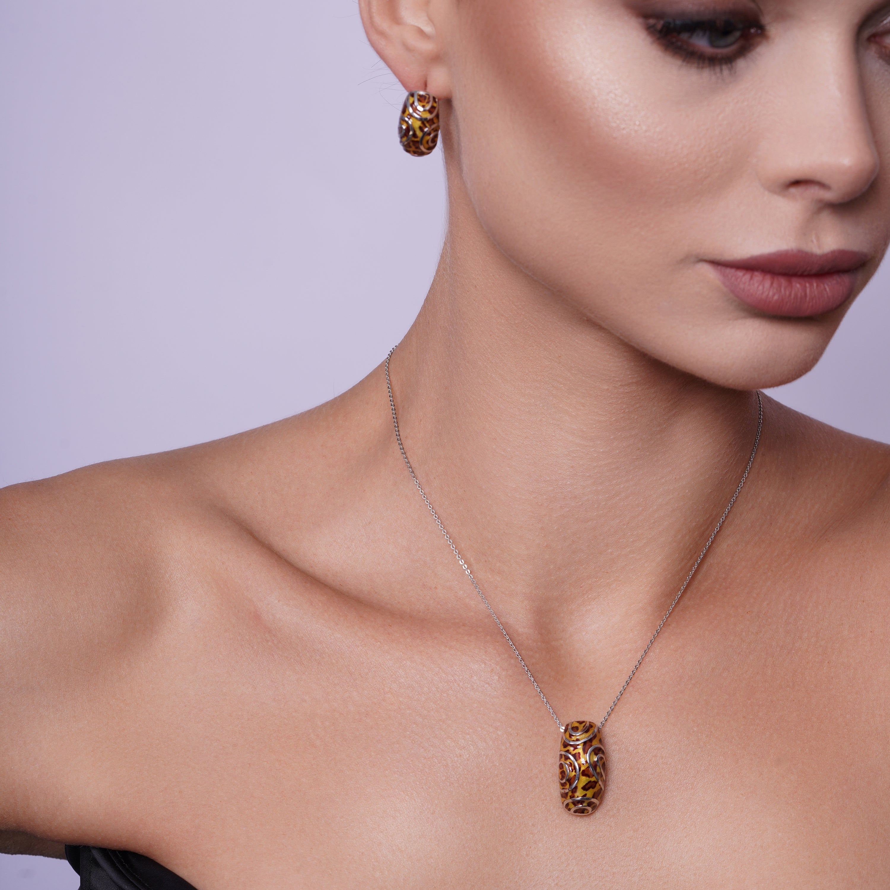 Clearance-Silver 925 Rhodium Plated Brown Leopard Print French Clip Earring and Necklace Set - BGS00066