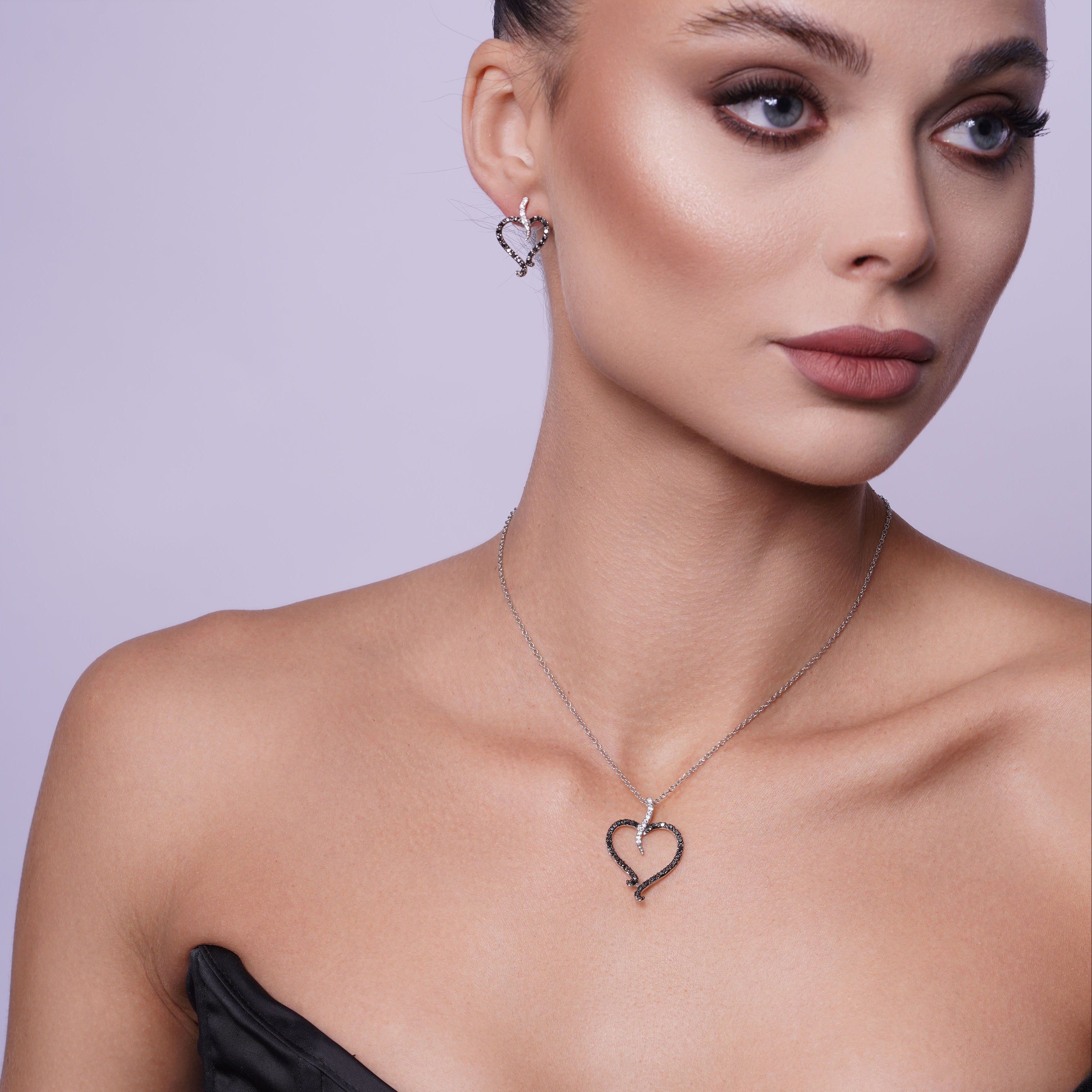 Clearance-Silver 925 Rhodium Plated Black and Clear Open Heart CZ Stud Earring and Dangling Necklace Set - BGS00070