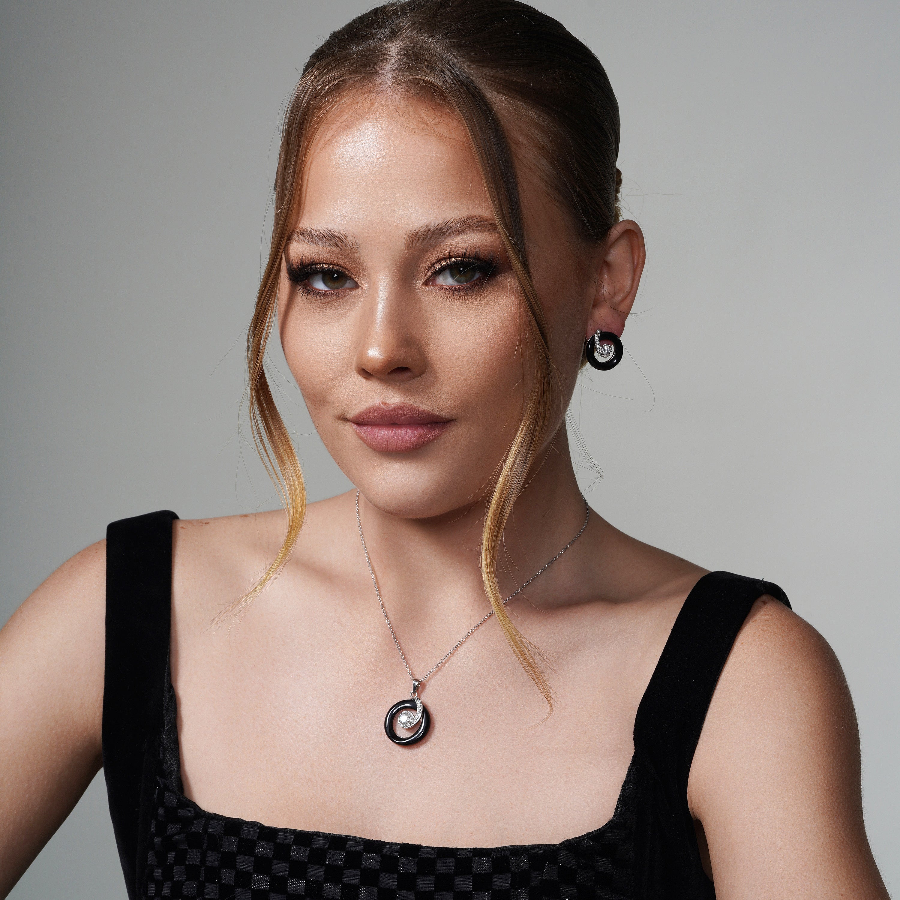 Clearance-Silver 925 Rhodium Plated Open Black Onyx Circle Clear CZ Stud Earring and Dangling Necklace Set - BGS00072