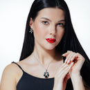 Clearance-Silver 925 Rhodium Plated Black Onyx Open Oval Round Clear CZ Stud Earring and Dangling Necklace Set - BGS00075