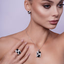 Clearance-Silver 925 Rhodium Plated Square Black Onyx Pave Set Clear CZ Stud Earring and Dangling Necklace Set - BGS00076