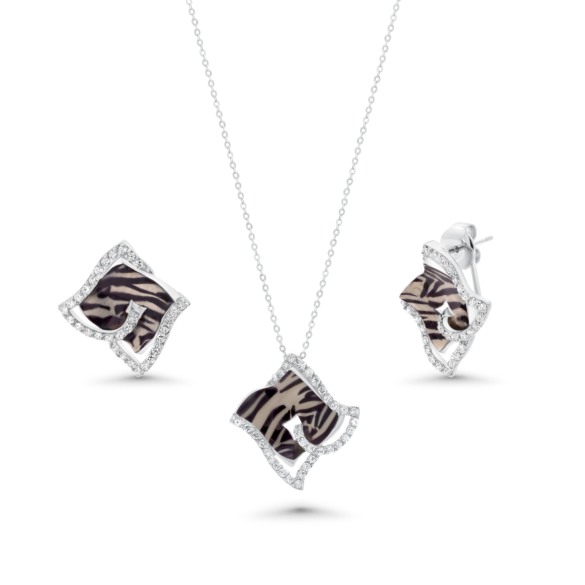 Clearance-Silver 925 Rhodium Plated Zebra Stripe Print Square Clear CZ French Clip Earring and Necklace Set - BGS00086