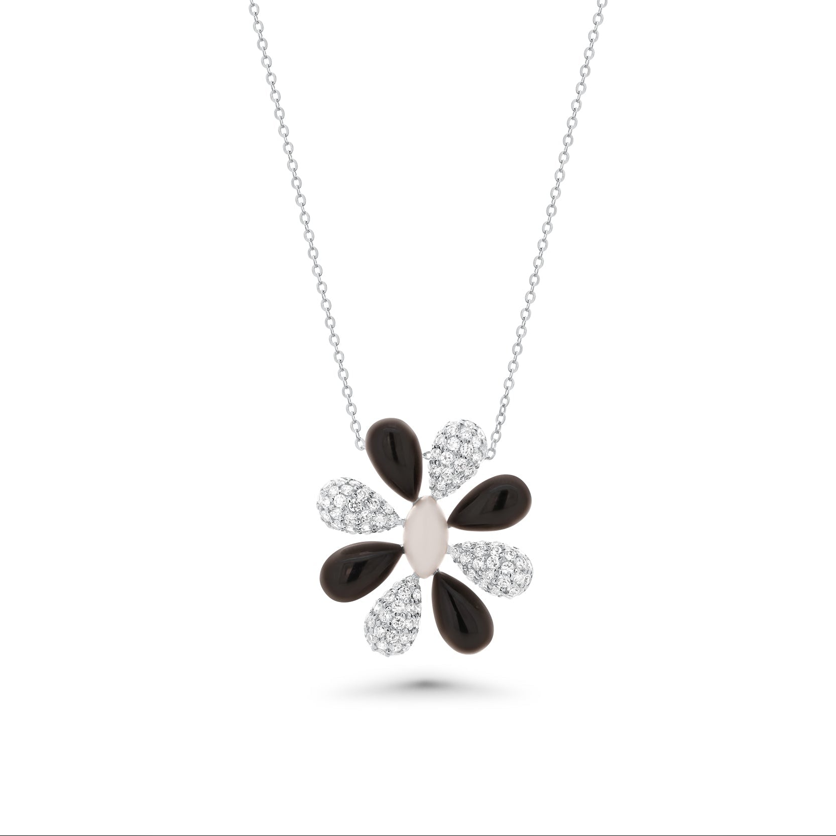 Clearance-Silver 925 Rhodium Plated Black Onyx White Enamel Clear Flower CZ Stud Earring and Necklace Set - BGS00088