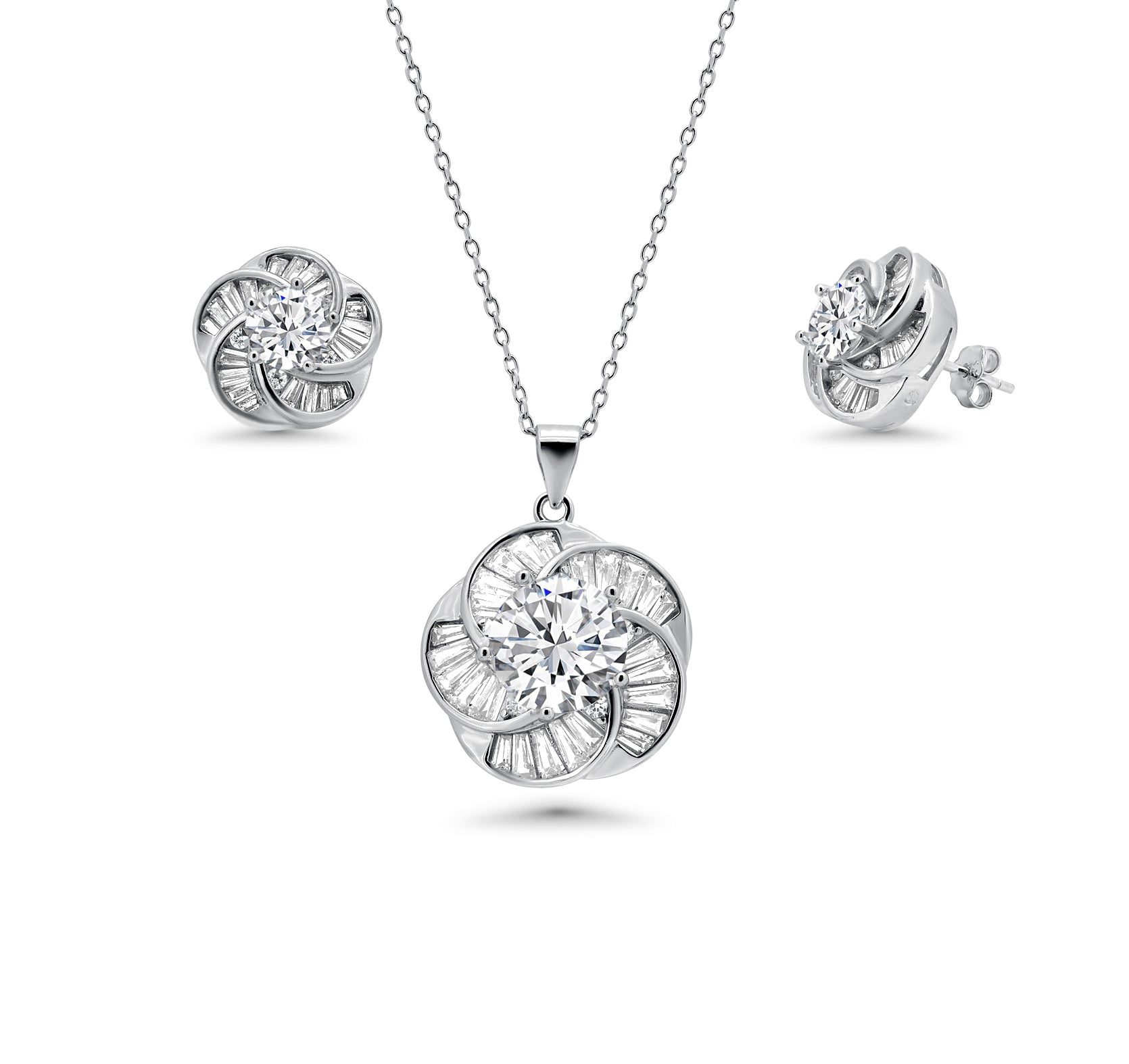 Rhodium Plated 925 Sterling Silver Clear Baguette Spiral Flower CZ Earring and Necklace Set - BGS00093