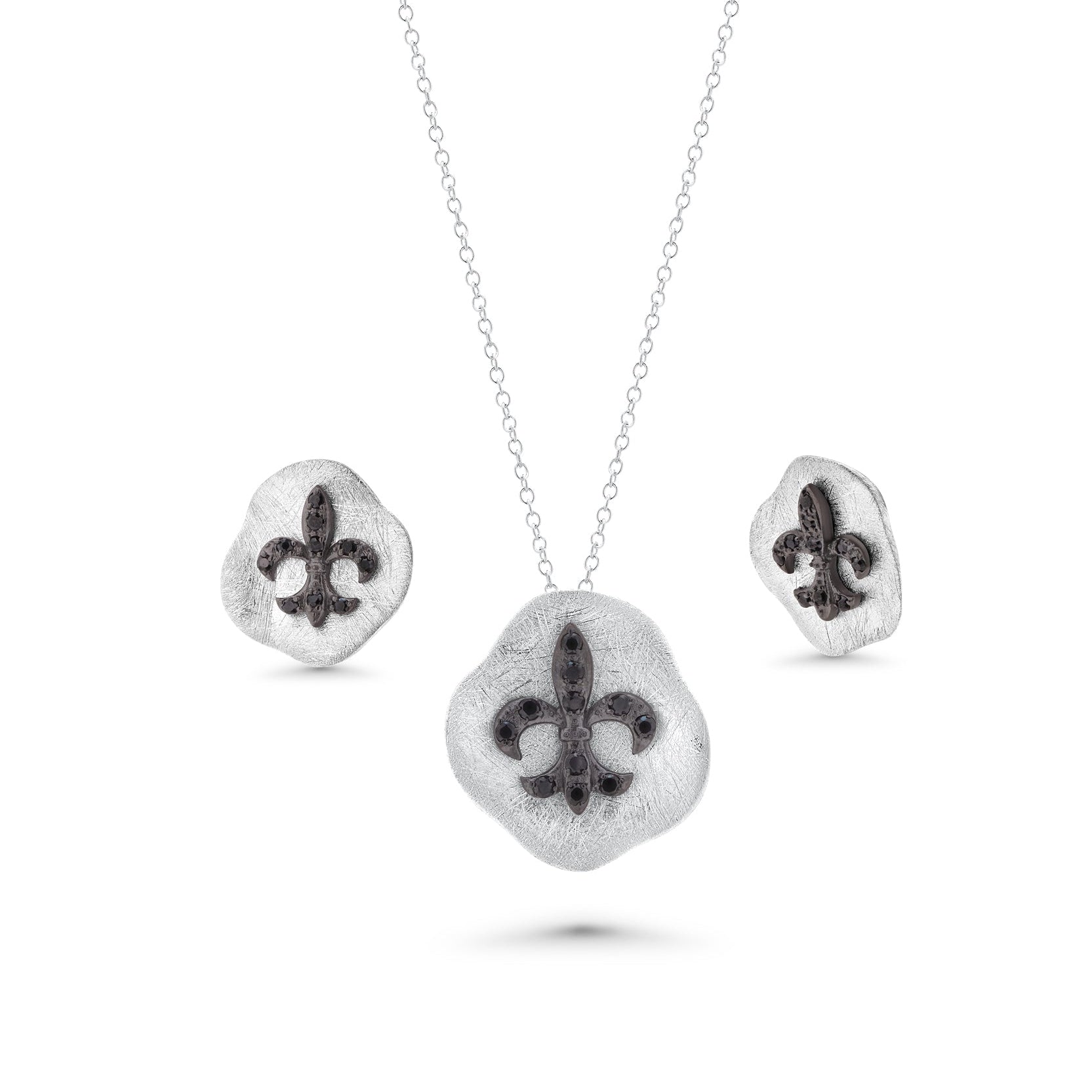 Clearance- Silver 925 Rhodium Plated Black and Clear Open Heart CZ Stud Earring and Dangling Necklace Set - BGS00094