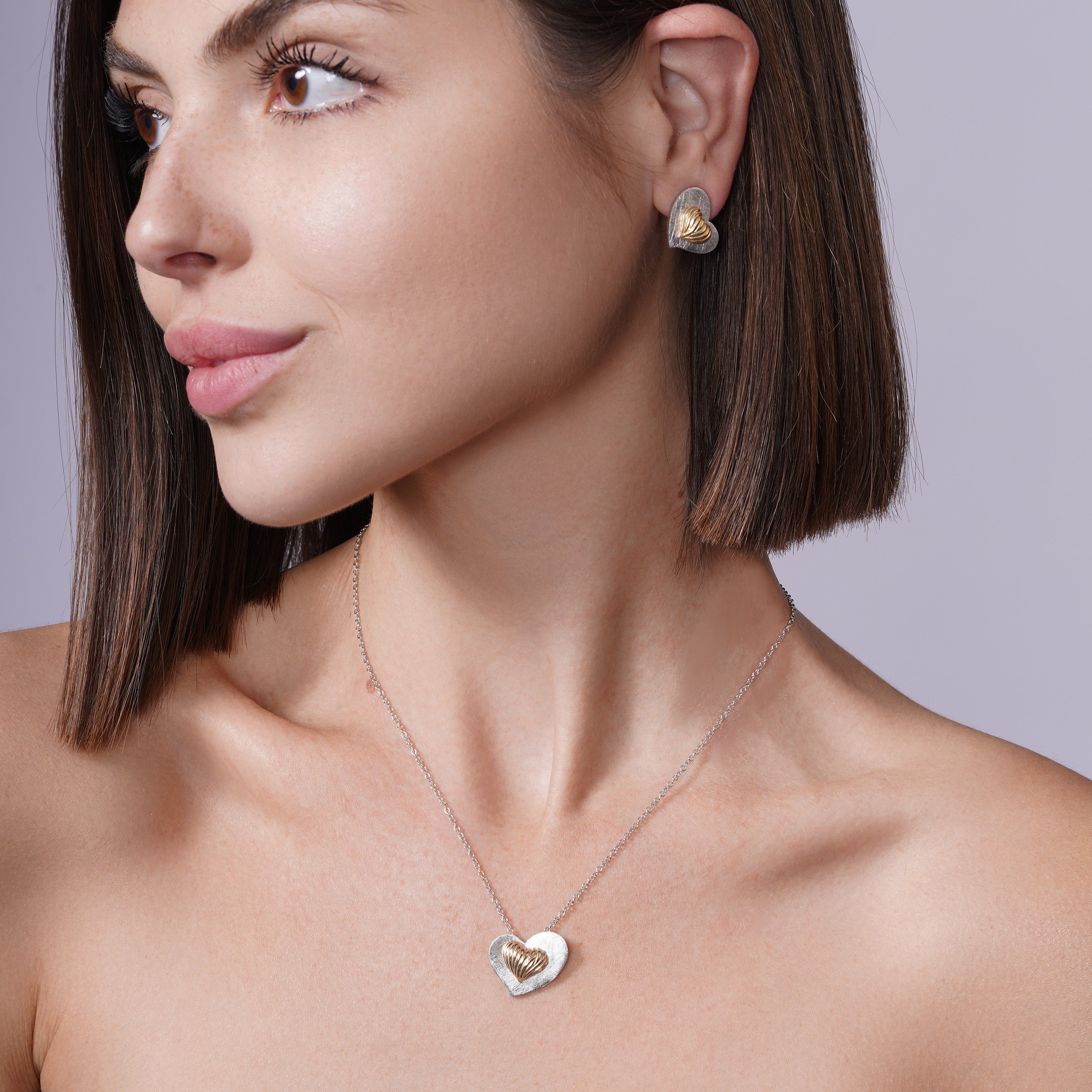 Clearance-Silver 925 Rhodium and Gold Plated Matte Finish Shell Heart Stud Earring and Necklace Set - BGS00095