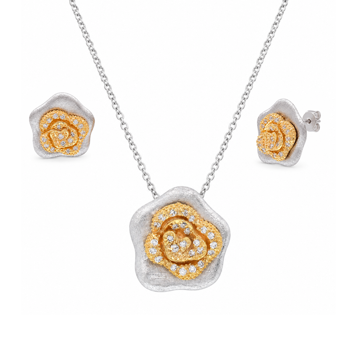 Clearance-Two-Tone 925 Sterling Silver Flower Clear CZ Stud Earring and Necklace Set - BGS00114
