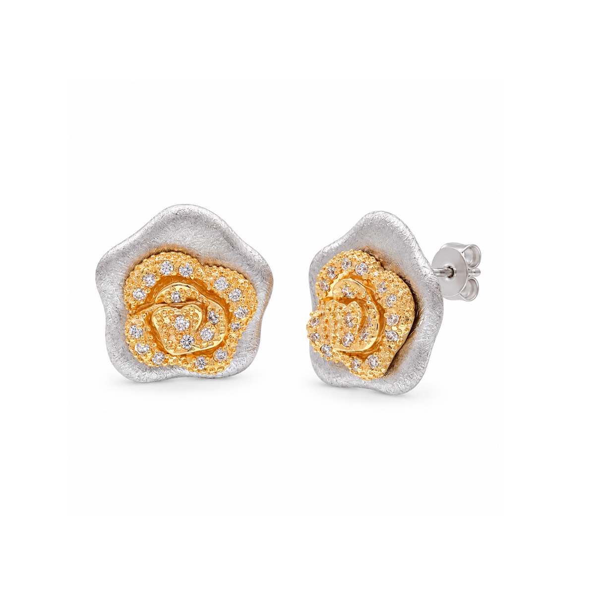 Clearance-Two-Tone 925 Sterling Silver Flower Clear CZ Stud Earring and Necklace Set - BGS00114