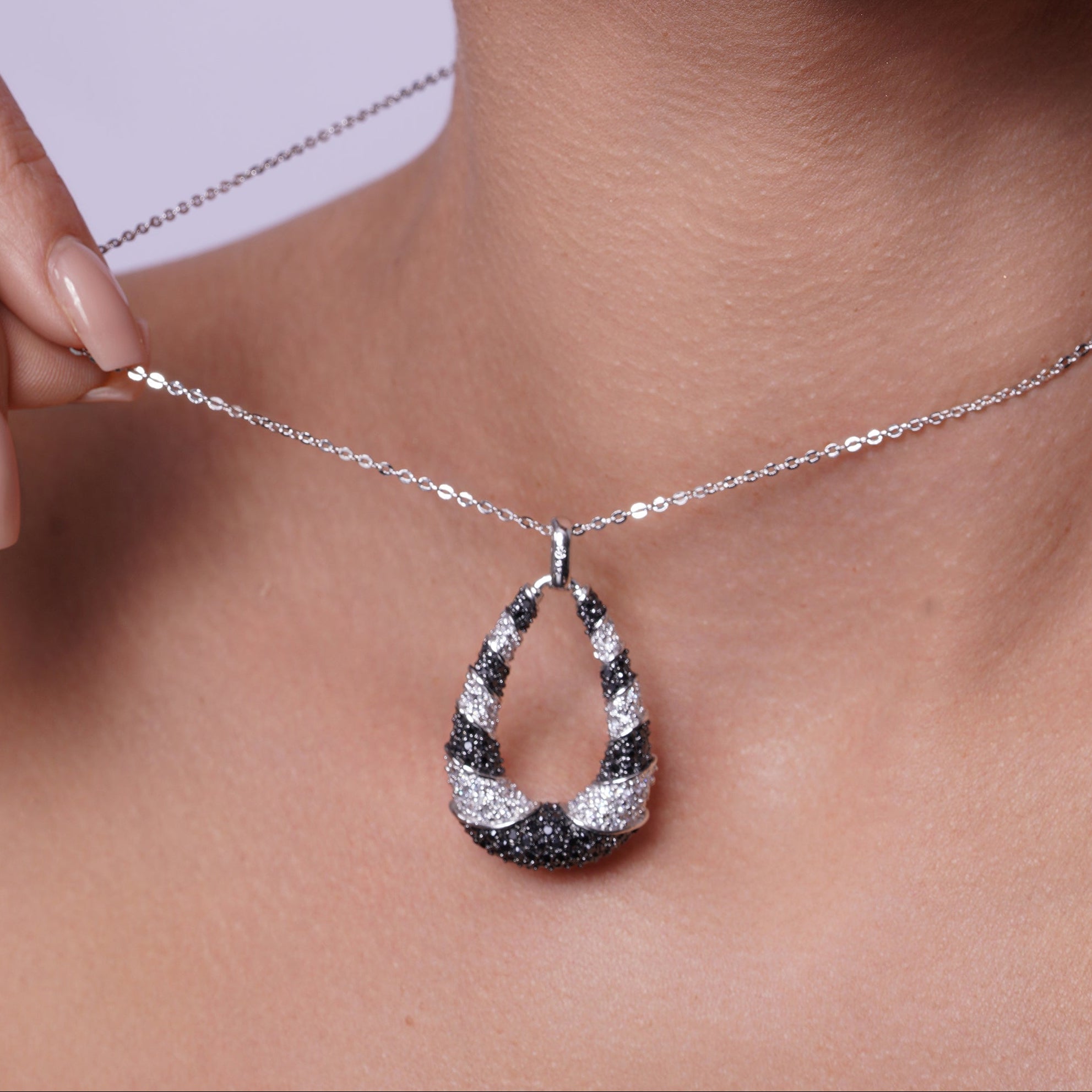 Clearance-Silver 925 Rhodium and Black Rhodium Plated Black and Clear Open Teardrop CZ Hoop Set - BGS00116