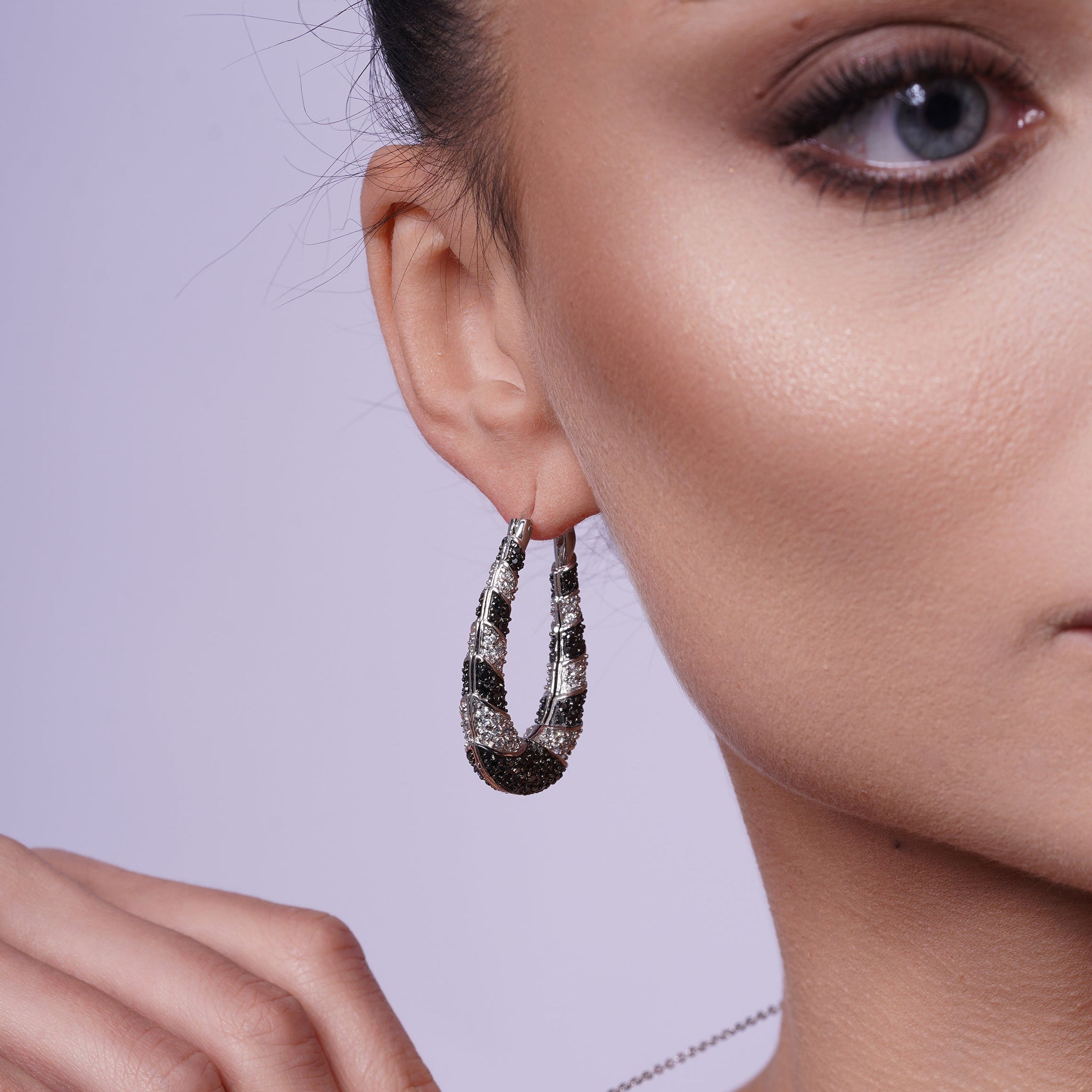 Clearance-Silver 925 Rhodium and Black Rhodium Plated Black and Clear Open Teardrop CZ Hoop Set - BGS00116