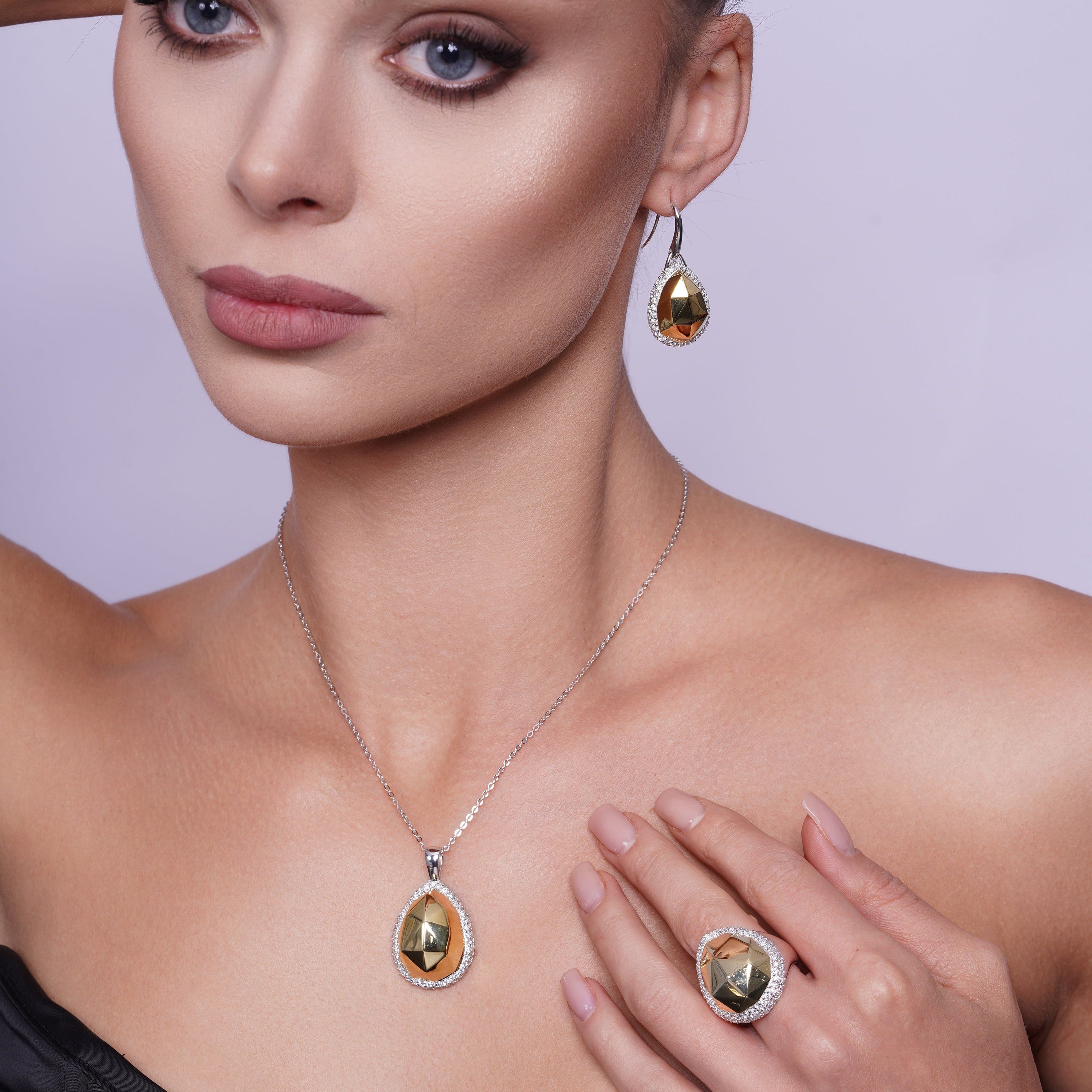 Clearance-Silver 925 Rhodium and Gold Plated Clear Hammered Teardrop CZ Leverback Earring and Necklace Set - BGS00127