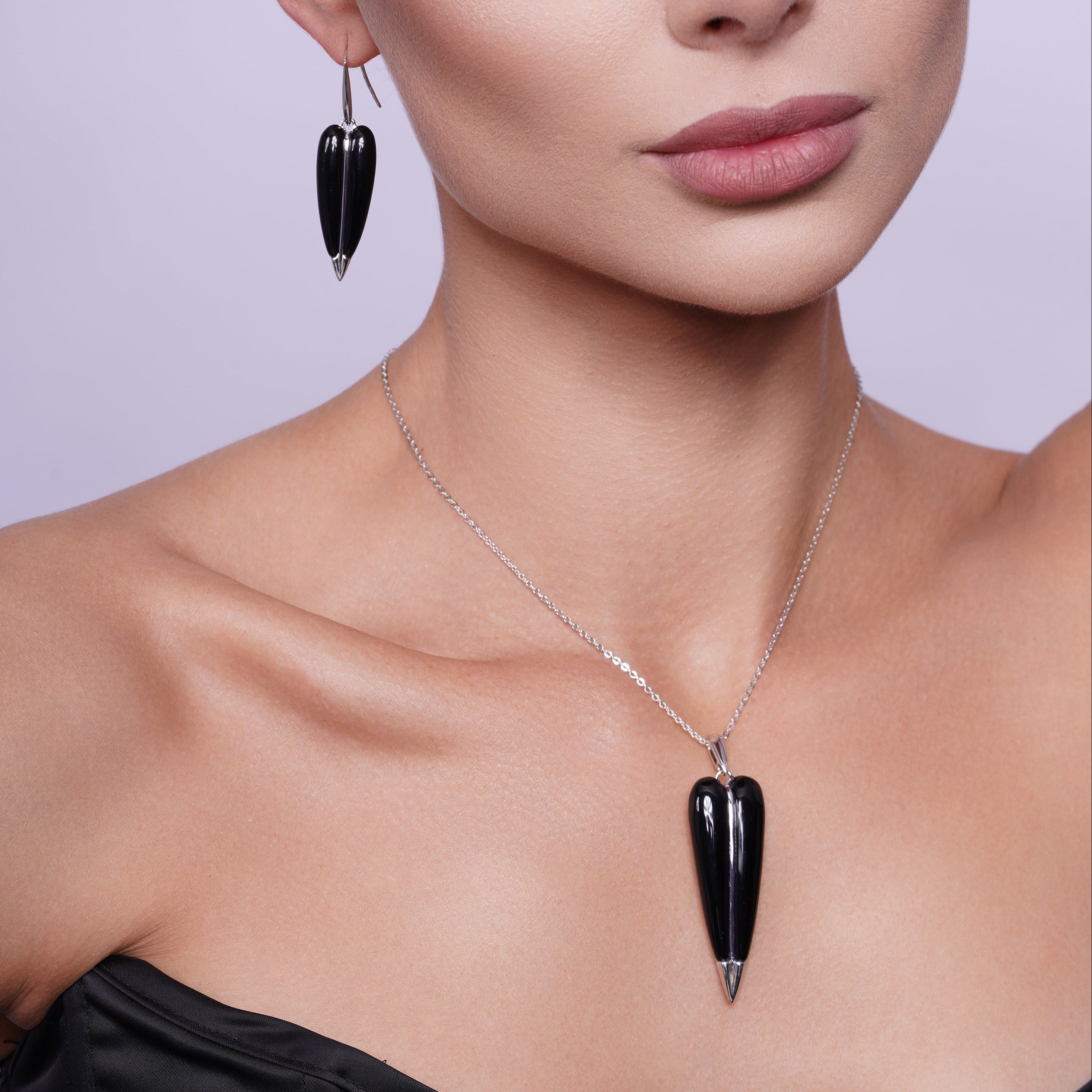 Clearance-Silver 925 Rhodium Plated Pointed Black Onyx Hook Earring and Necklace Set - BGS00133