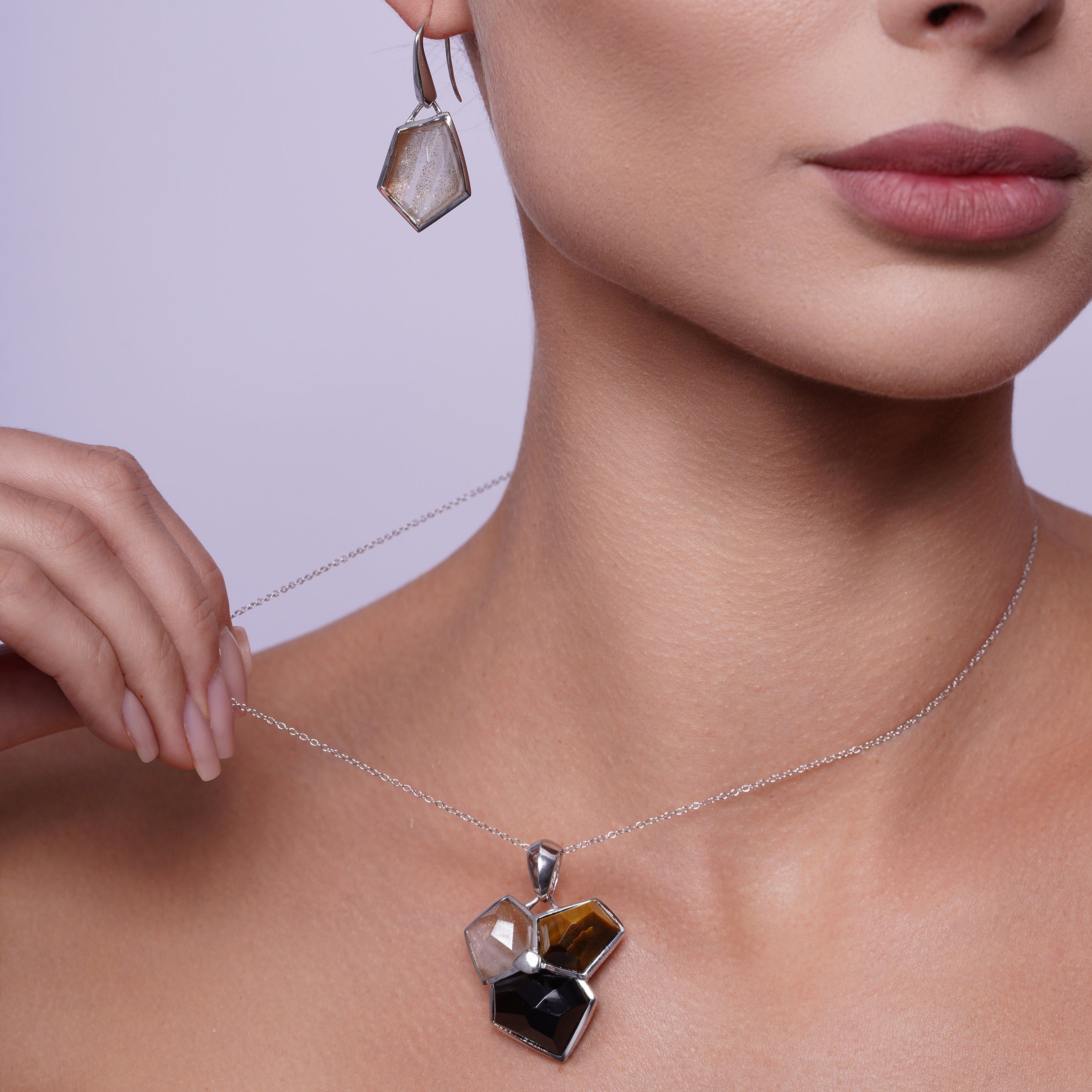 Clearance-Silver 925 Rhodium Plated Multi Colored Stone Leverback Earring and Necklace Set - BGS00134