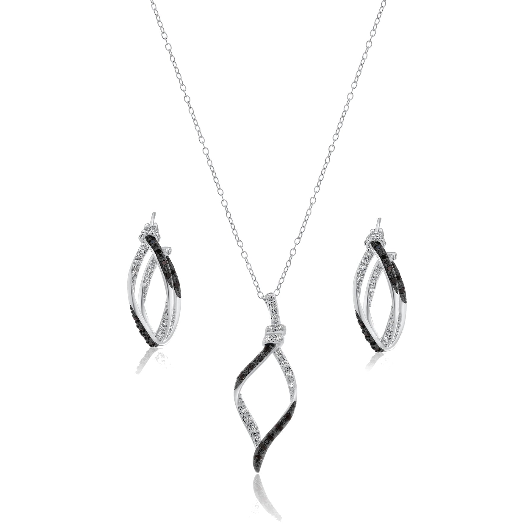 Silver 925 Rhodium and Black Rhodium Plated Black and Clear Open Wave CZ Hoop Set - BGS00136