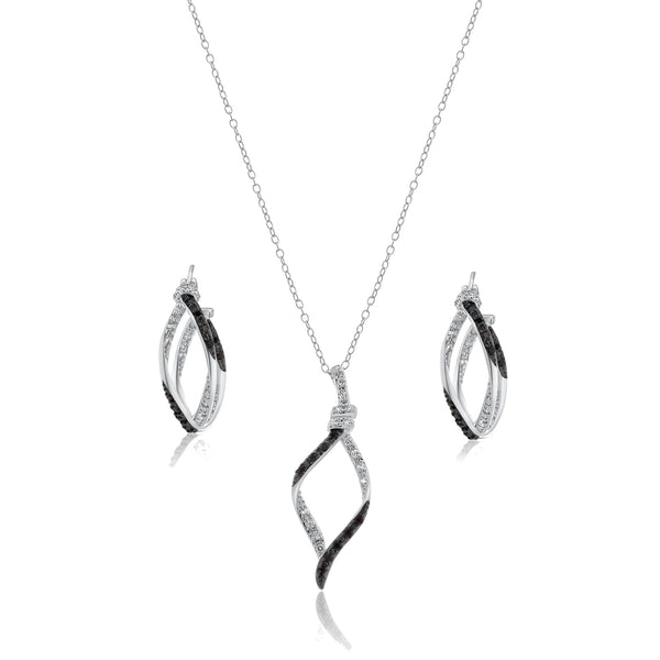 Silver 925 Rhodium and Black Rhodium Plated Black and Clear Open Wave CZ Hoop Set - BGS00136