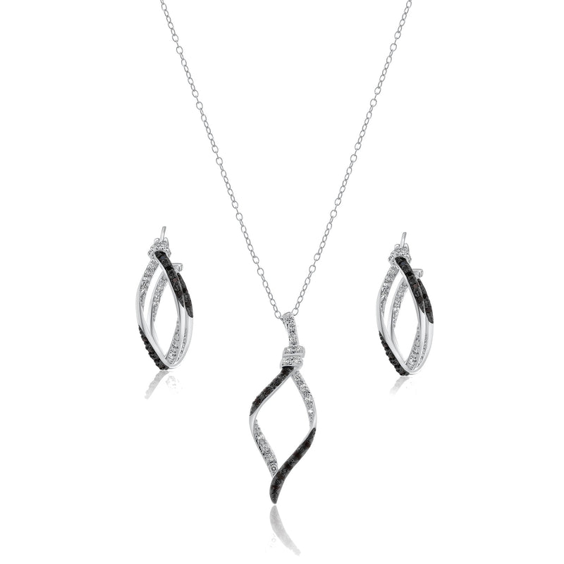 Juego de aros de circonita cúbica de onda abierta transparente y negro chapado en rodio y plata 925 - BGS00136