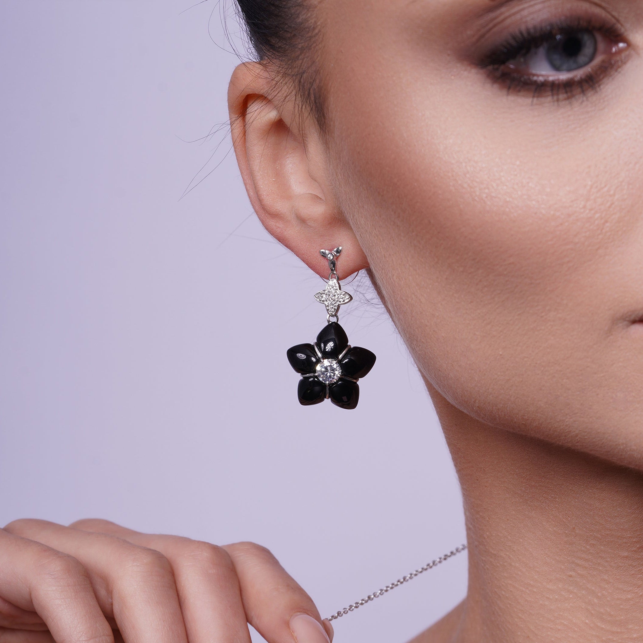 Clearance-Silver 925 Rhodium Plated Black Onyx Clear CZ Dangling Stud Earring and Dangling Necklace Set - BGS00149