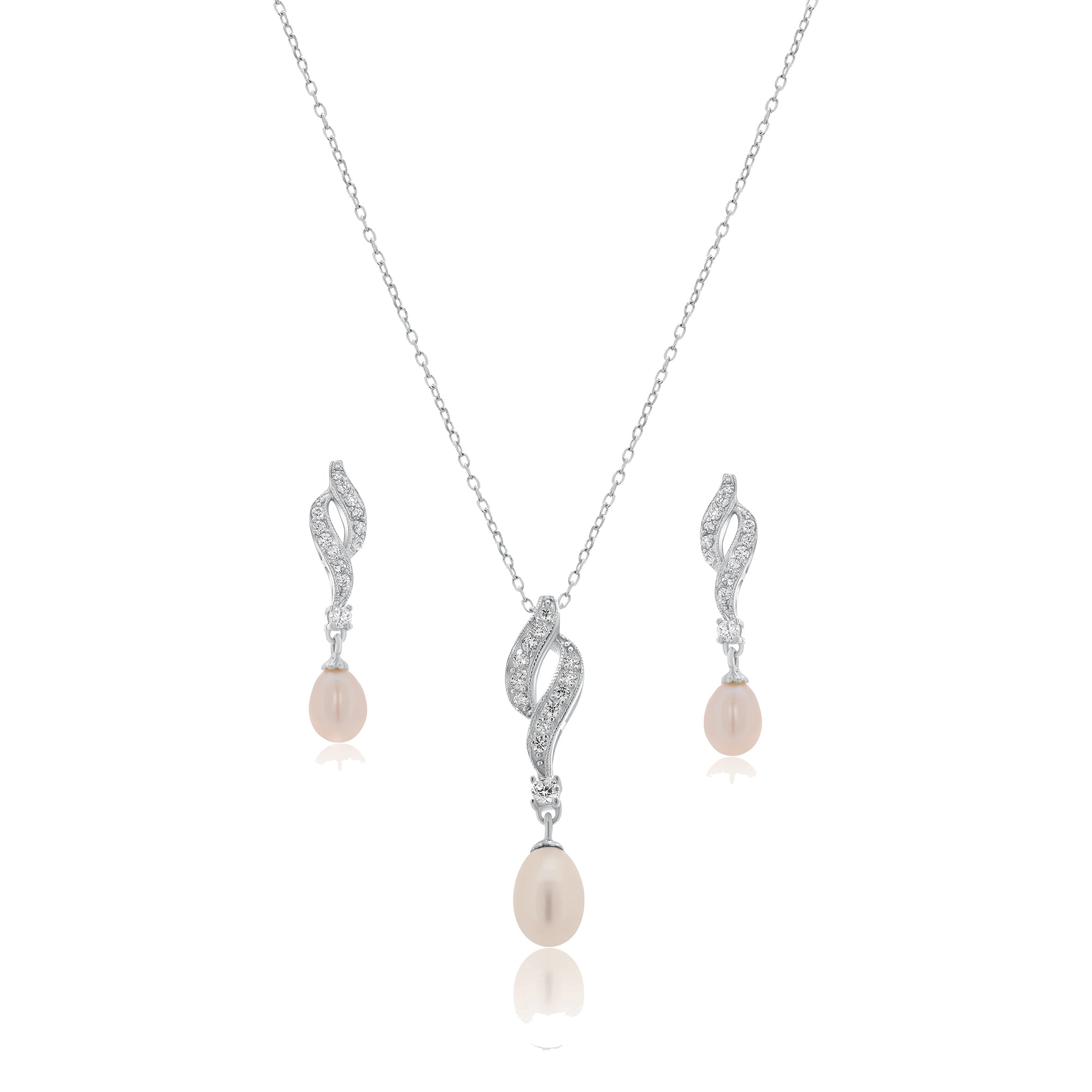 Juego colgante de circonita transparente con perlas de agua dulce chapadas en rodio de plata 925 - BGS00151