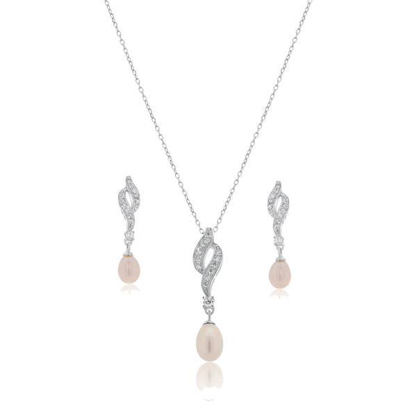 Silver 925 Rhodium Plated Fresh Water Pearl Twist Clear CZ Hanging Set - BGS00151