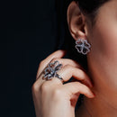 Silver 925 Rhodium and Black Rhodium Plated Clear CZ Open Flower Ring - BGR00329