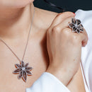 Silver 925 Rhodium and Black Rhodium Plated 2 Toned Clear Center CZ Spiny Petal Flower Ring - BGR00312